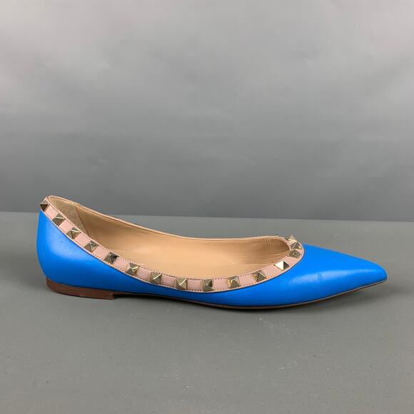 VALENTINO Size 10 Blue Nude Leather Contrast trim Flats - Picture 2 of 9